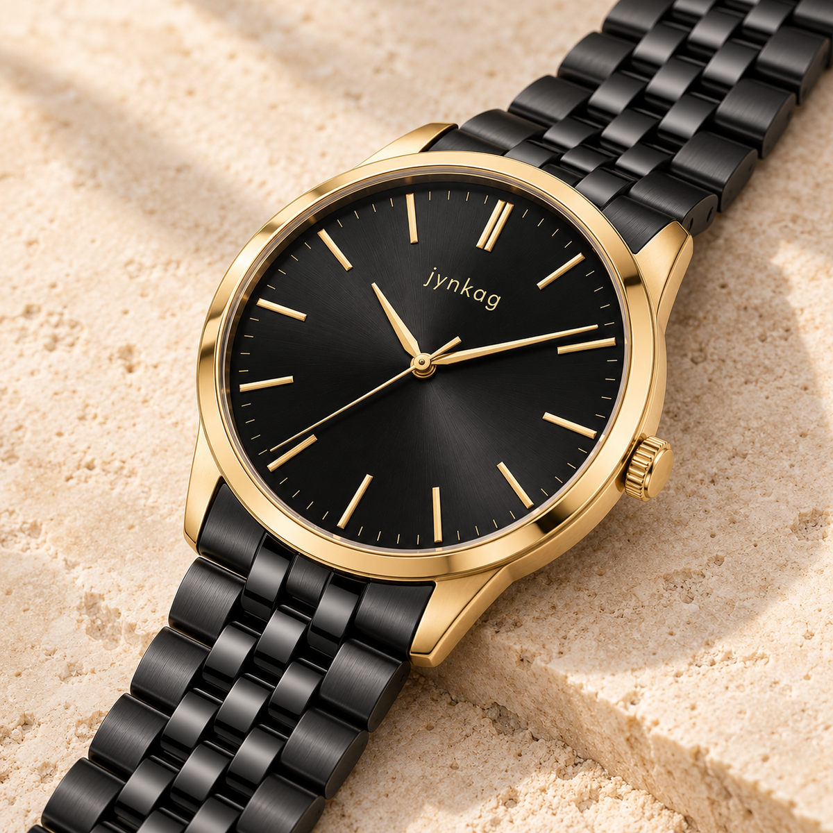 jynkag Eclipse Watch — Black Gold — angled detail on pale stone