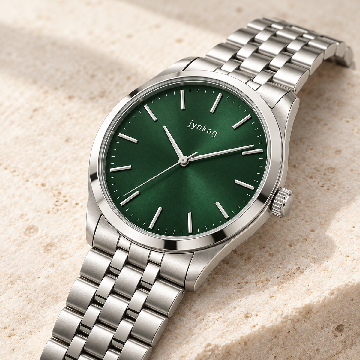 jynkag Verdant Watch — Green — angled detail on pale stone
