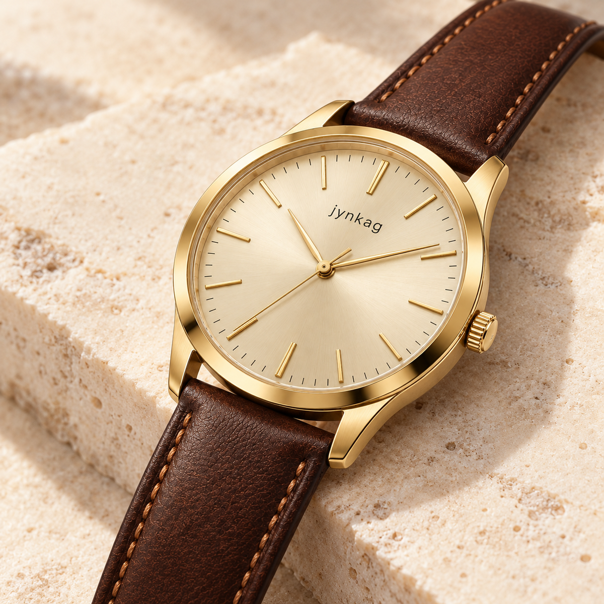 jynkag Aurum Watch — Champagne — angled detail on pale stone