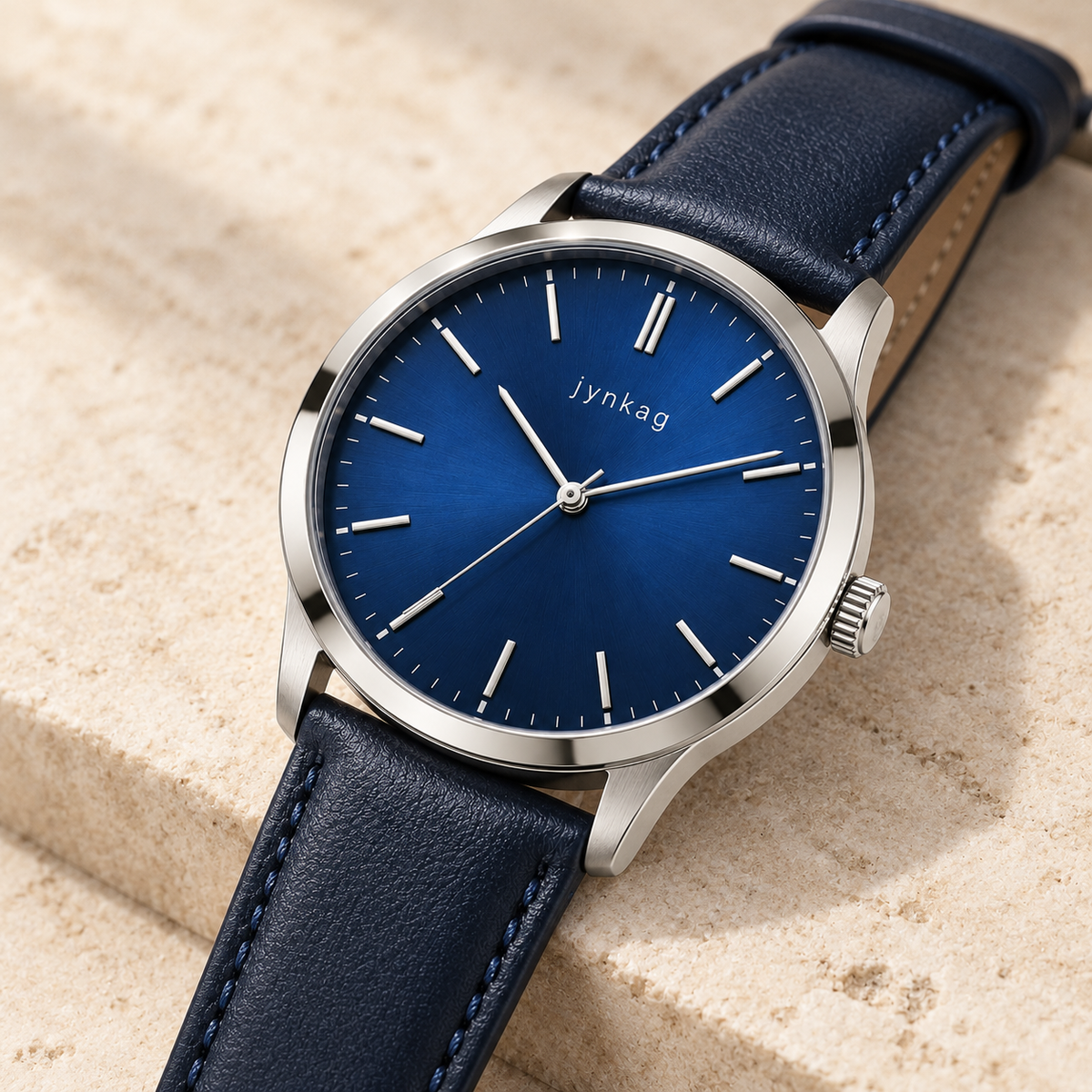 jynkag Cobalt Watch — Blue — angled detail on pale stone