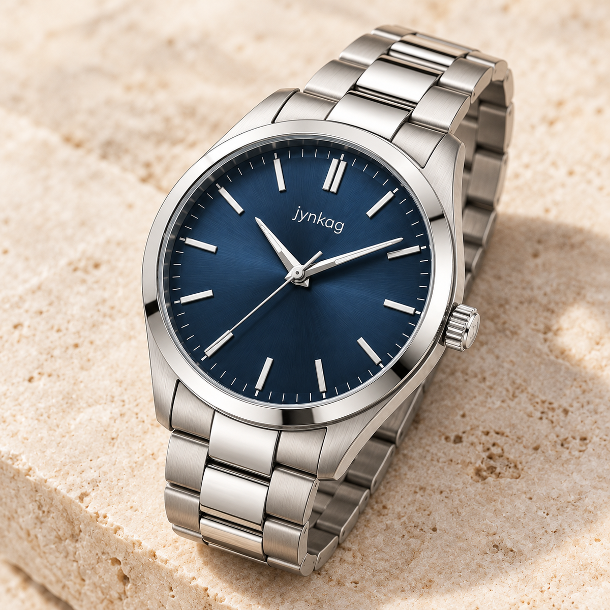 jynkag Meridian Watch — Navy — angled detail on pale stone