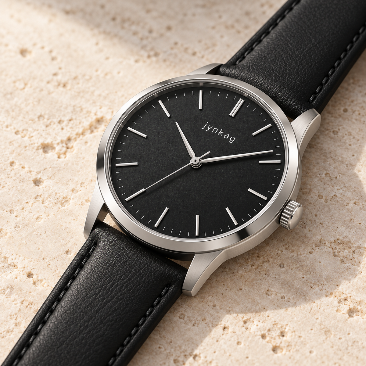 jynkag Nocturne Watch — Black — angled detail on pale stone