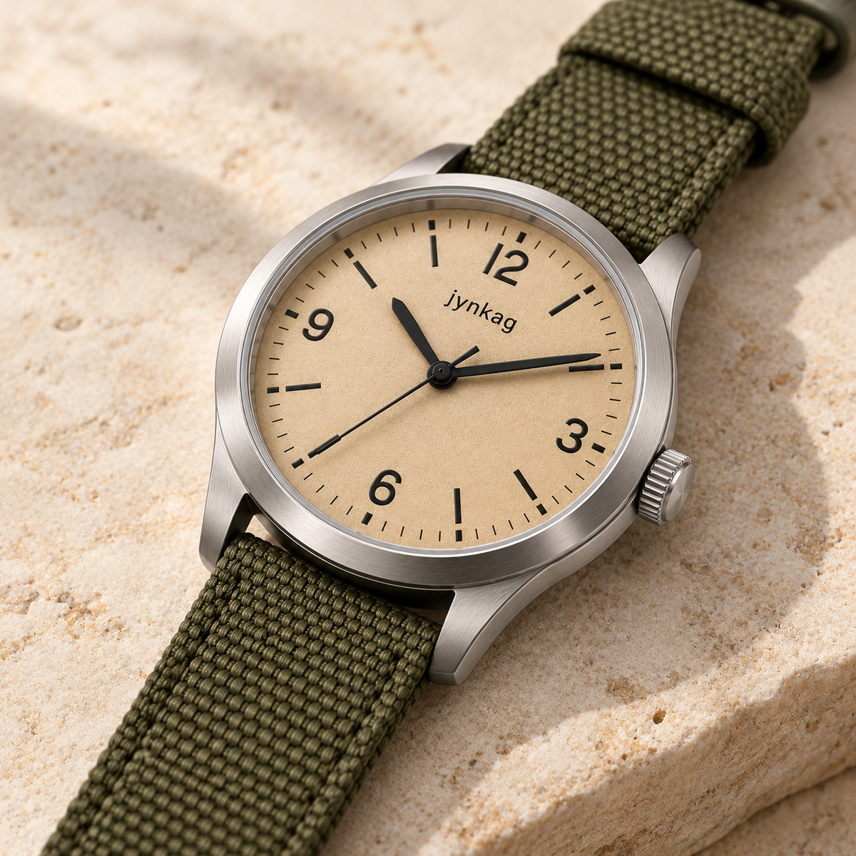 jynkag Sandstone Watch — Sand — angled detail on pale stone
