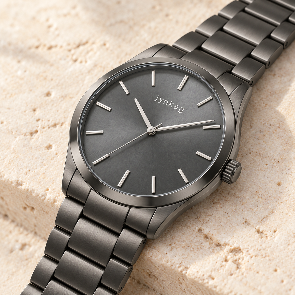jynkag Slate Watch — Gray — angled detail on pale stone